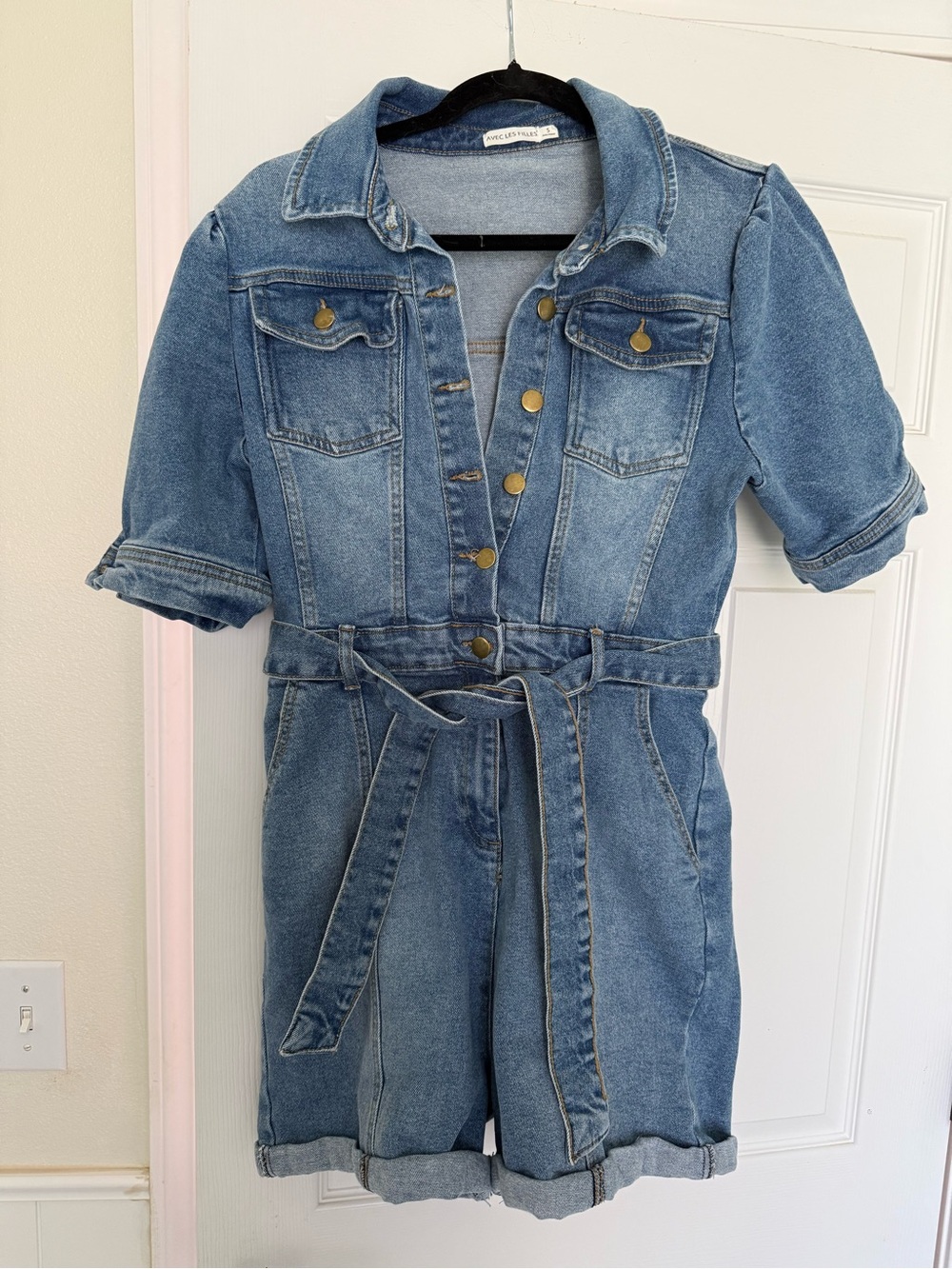 Avec Les Filles Denim Short romper in Medium Blue